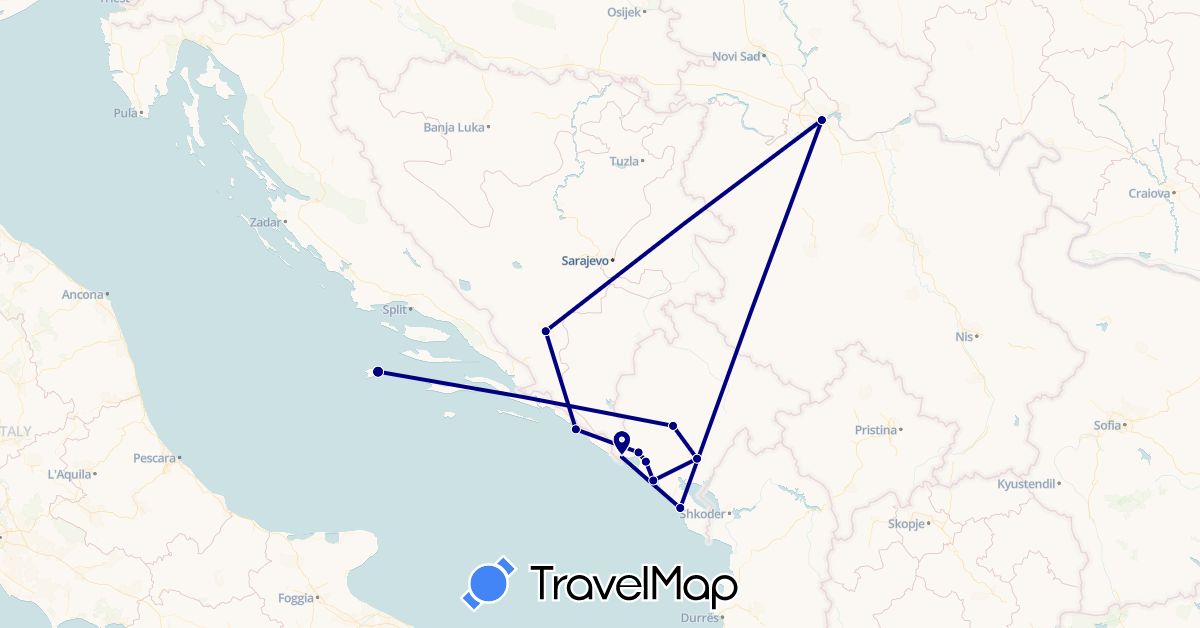 TravelMap itinerary: driving in Bosnia and Herzegovina, Croatia, Montenegro, Serbia (Europe)